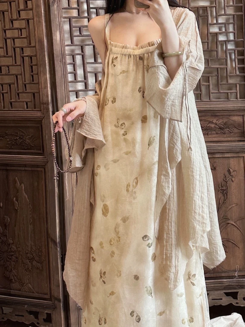 大码胖MM春秋款禅意风连衣裙➕外搭两件套装高个子不规则慵懒长款