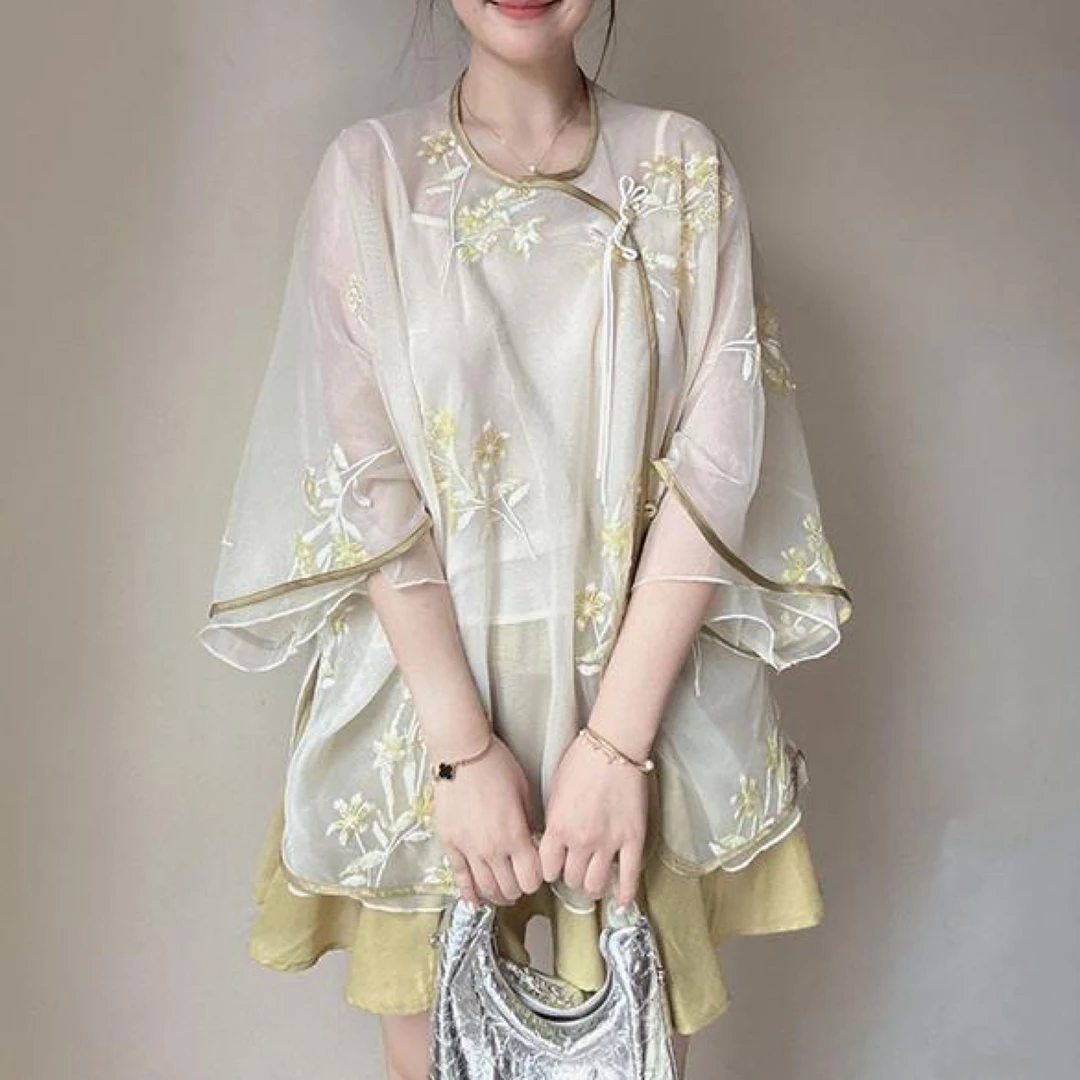 大码胖MM重工刺绣国风中式上衣➕短裙两件套温柔小清新仙气套装