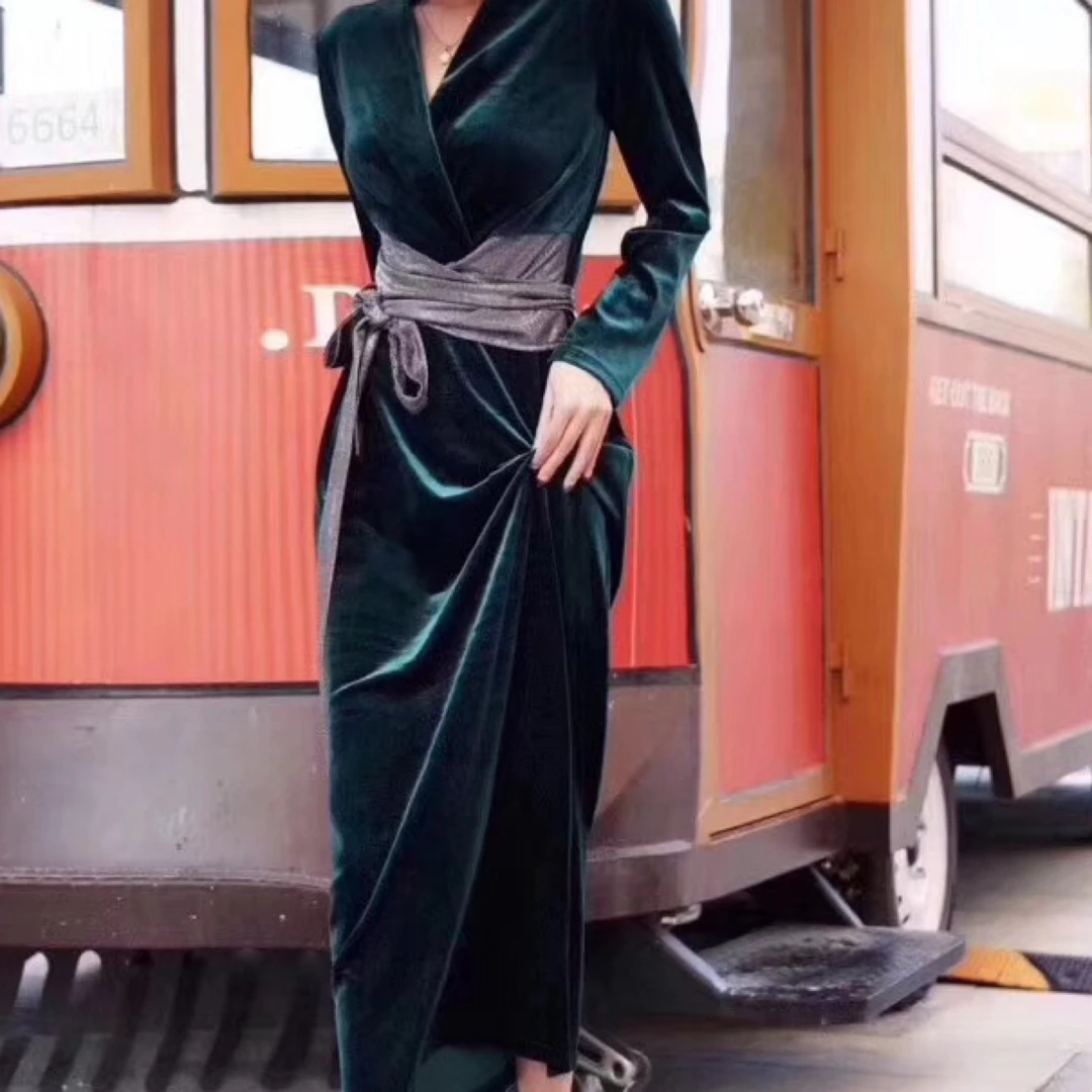 连衣裙气质时尚收腰秋冬长款长裙礼服优雅修身网红拼接春季复古