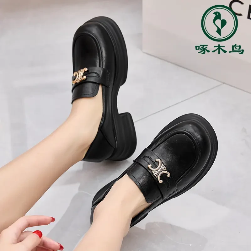 啄木鸟2024新款乐福鞋子英伦风小皮鞋百搭厚底软底单鞋一脚蹬女鞋