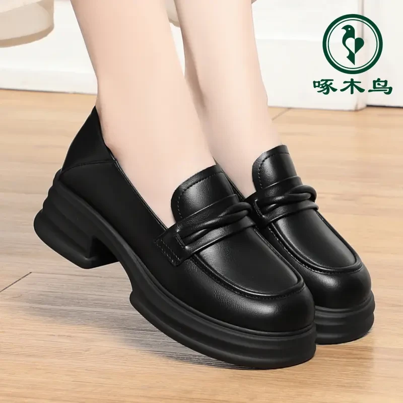 啄木鸟秋季新款厚底乐福鞋中跟女皮鞋软皮软底舒适百搭小个子单鞋