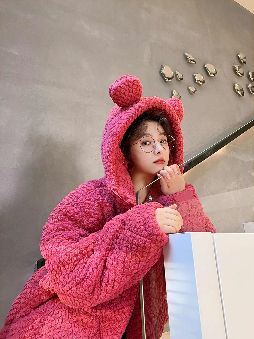 新款草莓熊加绒加厚火龙果保暖睡衣三层夹棉套装22626