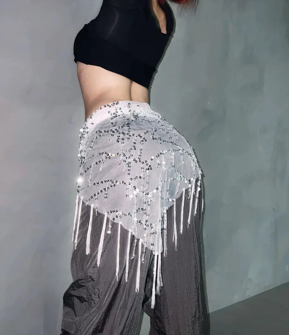 SUANS 街舞腰链臀巾爵士舞配饰三角巾亮片流苏腰带屁帘腰巾