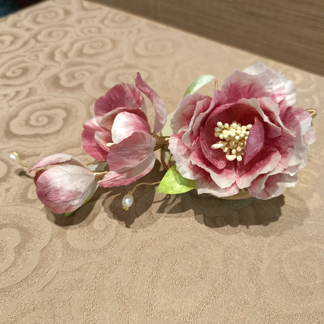 边夹 渐变粉牡丹  手工绒花 复古发钗