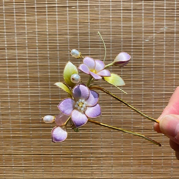 发钗 淡紫U型掐丝绒花 手工绒花 复古