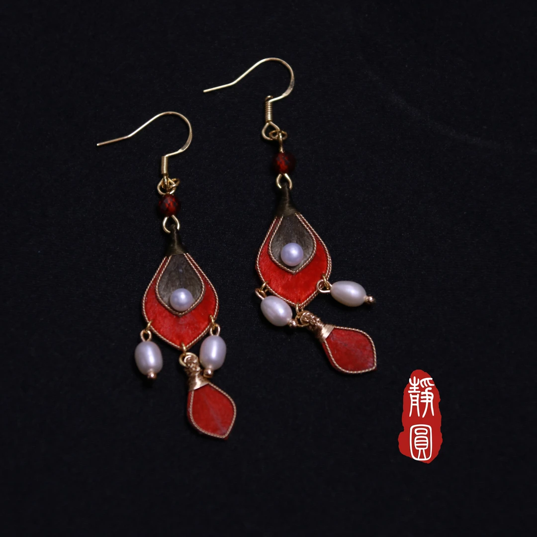 手工 丁香红 手工绒花 花朵耳饰