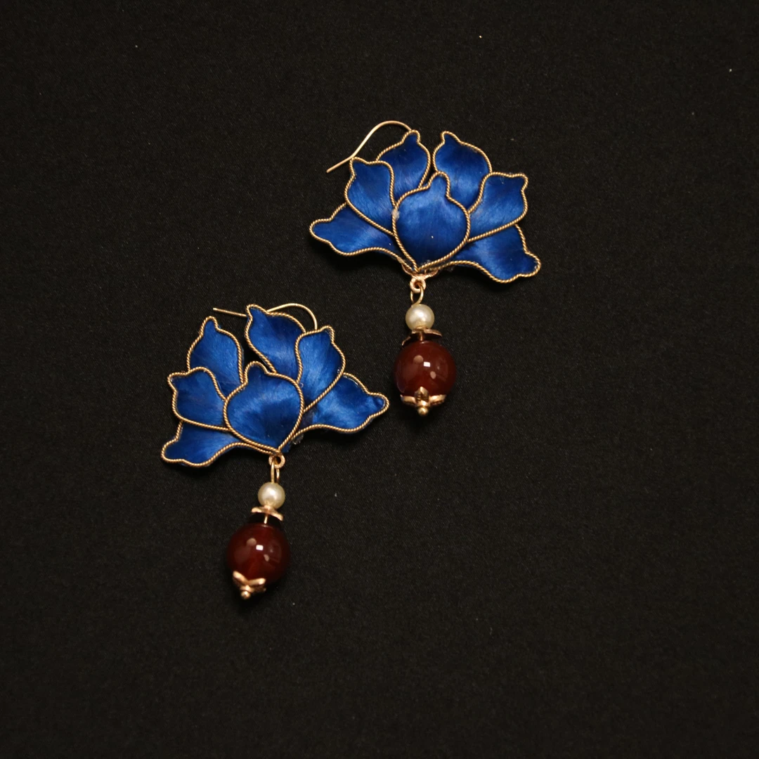 非金属布艺耳饰 【蓝莲花】仿点翠蓝色手工绒花 耳饰
