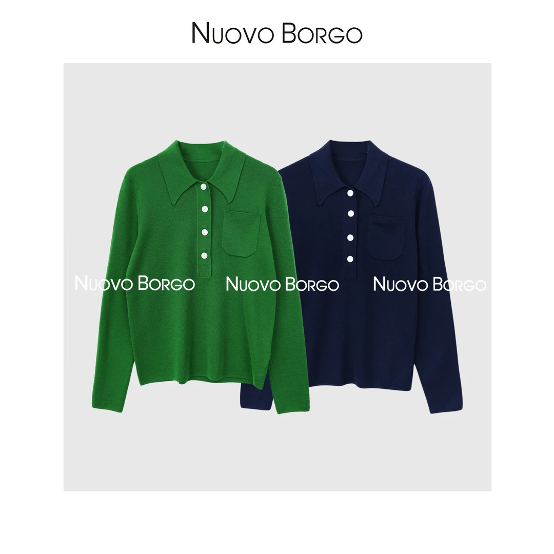Nuovo Borgo 翻领羊毛针织打底衫长袖半开领纯色毛衣外套A57/0010