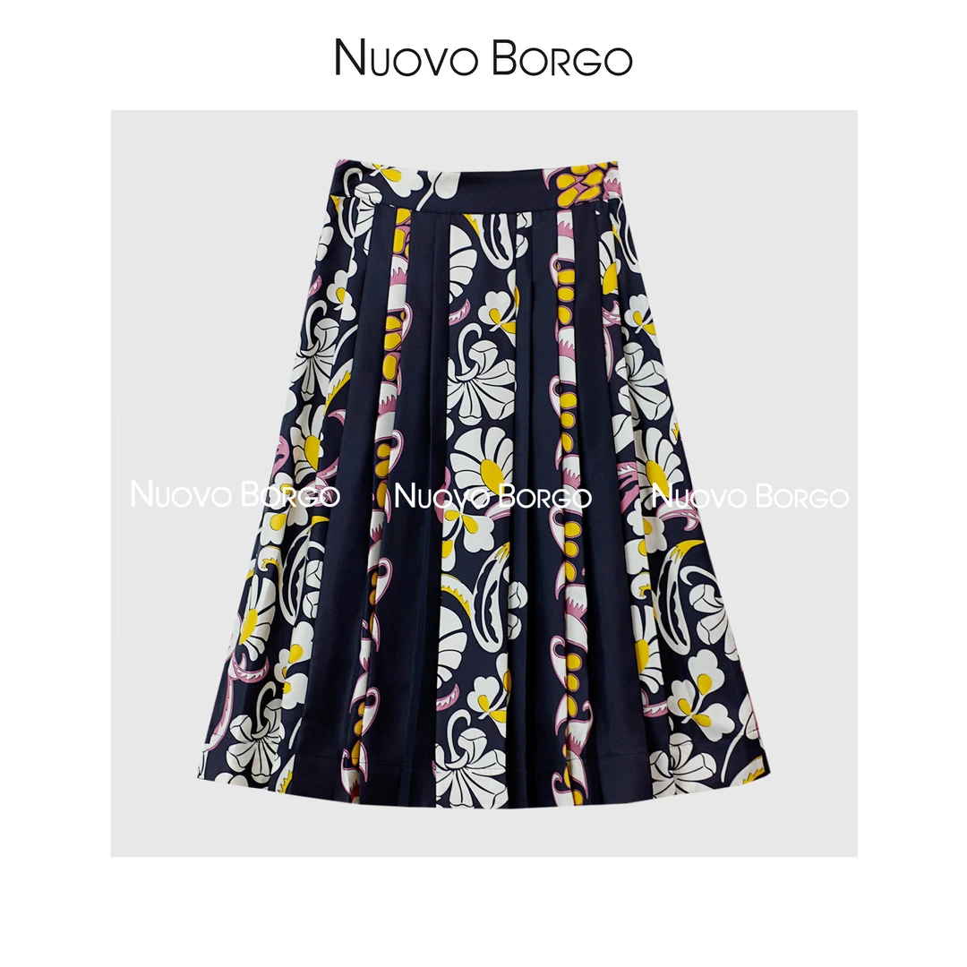 Nuovo Borgo 斜纹绸桑蚕丝百褶半身裙印花A字裙大摆伞裙D72/23189