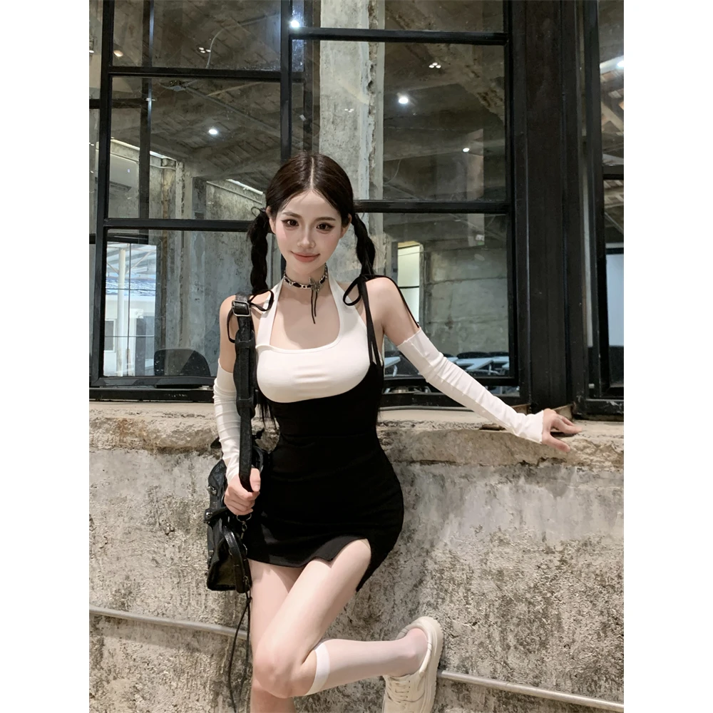 辣妹吊带套装裙女夏挂脖袖套上衣穿搭一整套酷飒拽姐背带裙两件套