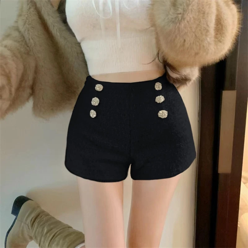 气质小香风粗花毛呢短裤女冬时尚高腰外穿打底靴裤韩版显瘦阔腿裤