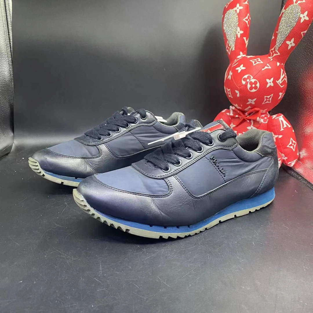 【聚星福利】Prada/普拉达男士休闲舒适蓝色帆布拼接运动鞋40.5欧码
