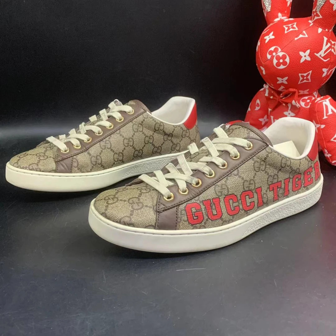 【聚星福利】GUCCI/古驰95新男休闲舒适棕色tiger字母板鞋38.5欧码