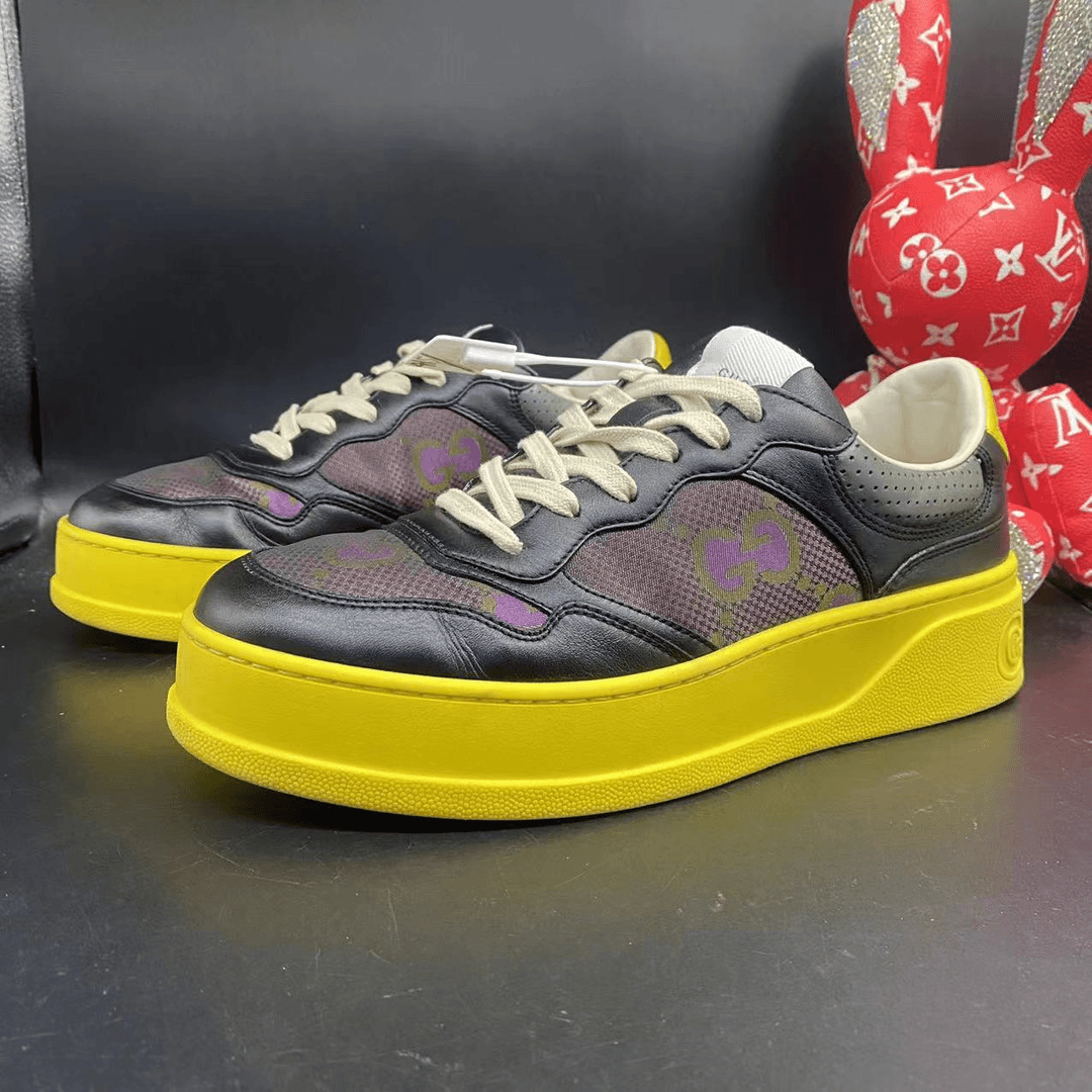 【聚星折扣】GUCCI/古驰95新休闲舒适黑色黄底饼干鞋41.5欧码