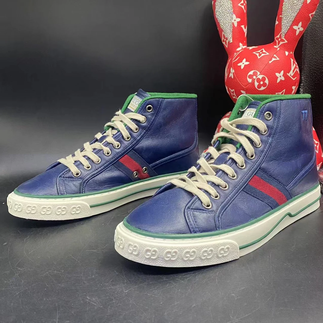 【聚星福利】GUCCI/古驰1977系列蓝色皮质高帮板鞋38.5欧码ddm1099