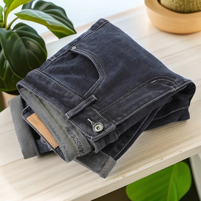 洛昂锡索高级磨毛九分牛仔裤男款秋冬深蓝色修身小脚裤薄绒男裤