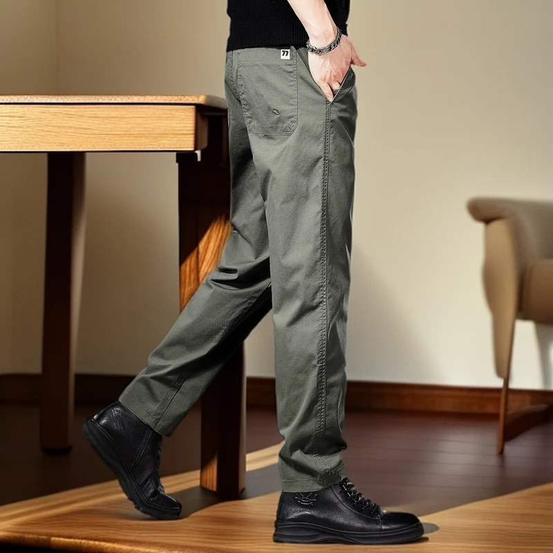秋季高端简约潮牌休闲裤男新款军绿色宽松直筒锥形百搭裤子男