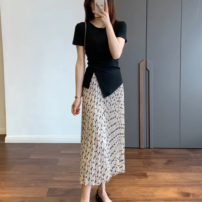 定染印花定制肌理感 优雅高温定烫百褶显瘦中长A字半身裙夏8661