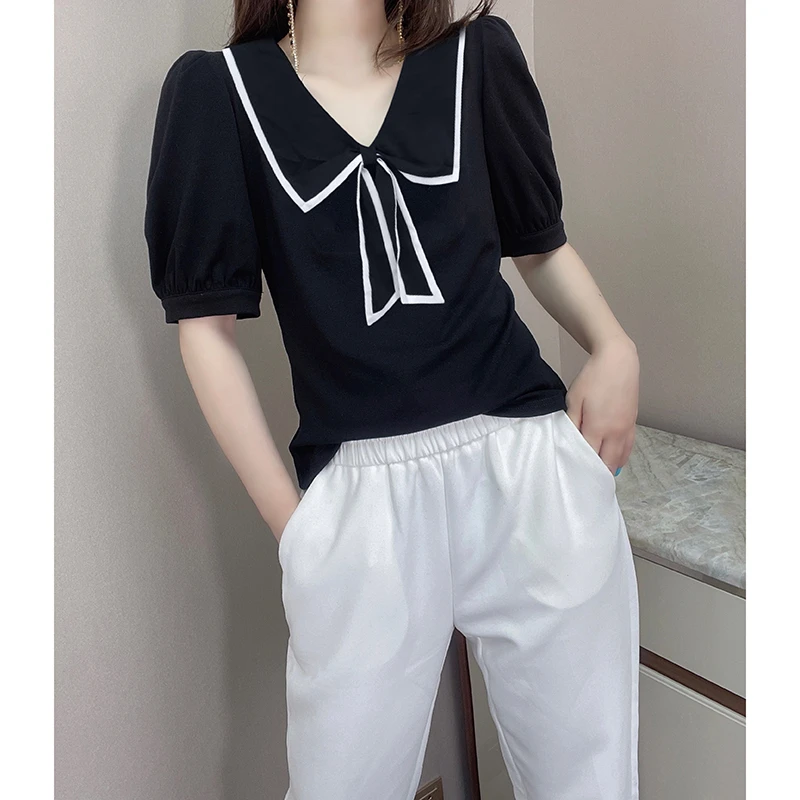 简约绑结V领黑色显瘦泡泡袖显瘦女2023夏季新款欧货【3193】