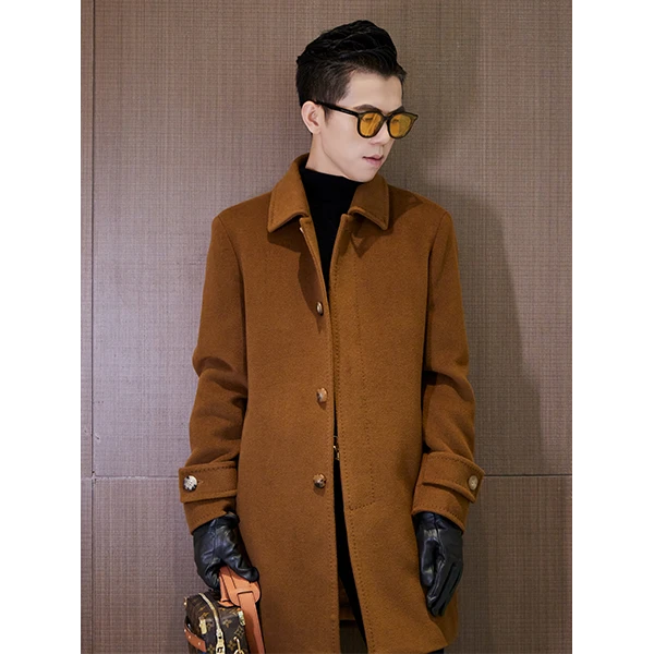 短款加厚老佛爷山羊绒秋冬大衣保暖毛呢外套卡其色羊毛大衣男款潮