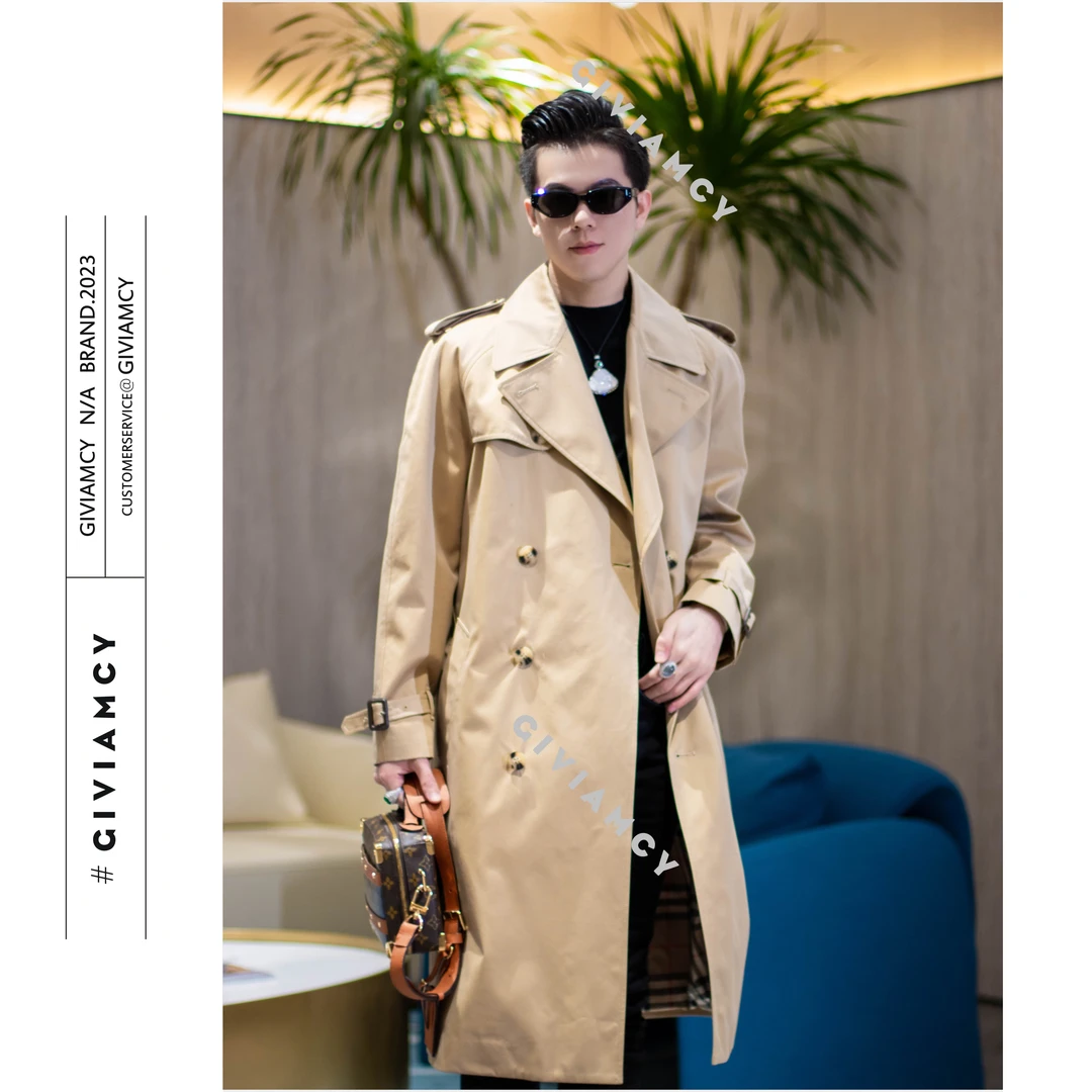 春秋百搭中长款休闲时尚气质翻领卡其色英伦风男士修身时尚风外套