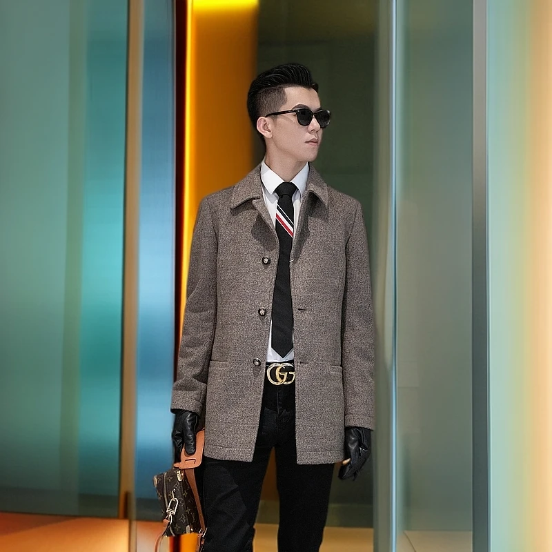 秋冬休闲高级感春秋毛呢外套毛呢大衣男短款翻领夹克男士毛呢外套