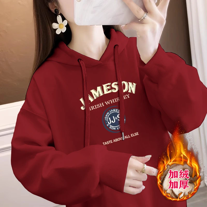 秋冬加绒印花加厚卫衣女士连帽2024新款时尚宽松洋气休闲外套上衣