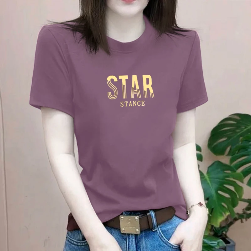 夏季正肩t恤印花短袖女韩版小个子休闲遮肚显瘦通勤圆领时尚上衣