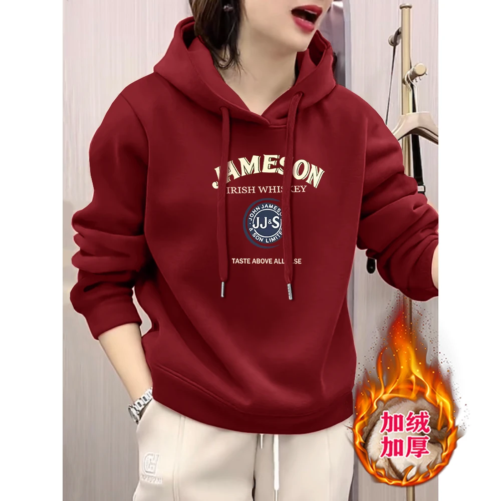 连帽卫衣新款加厚时尚洋气宽松百搭外套女士秋冬加绒长袖休闲上衣