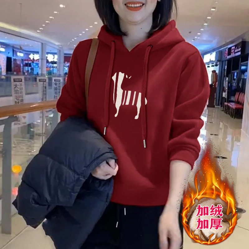 女士加厚简约新款外套秋冬洋气连帽上衣休闲宽松时尚通勤加绒卫衣