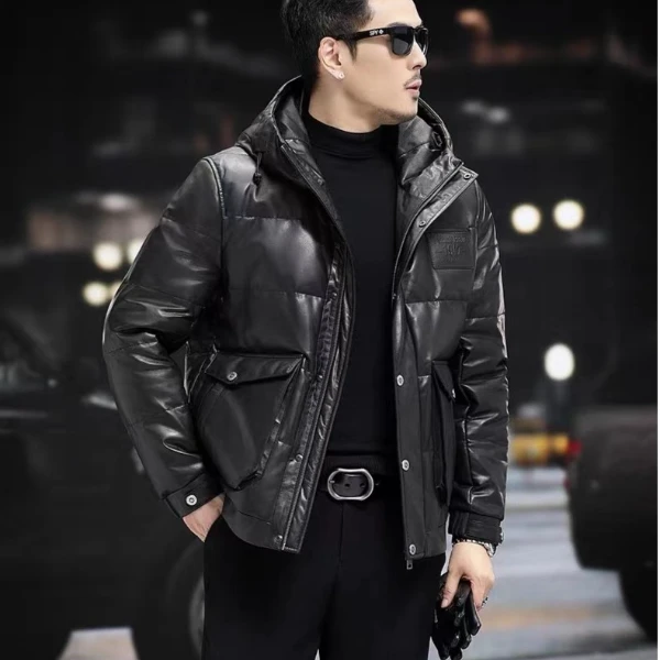 真皮皮衣鹅绒服男士头层胎牛皮休闲时尚连帽秋冬百搭保暖外套