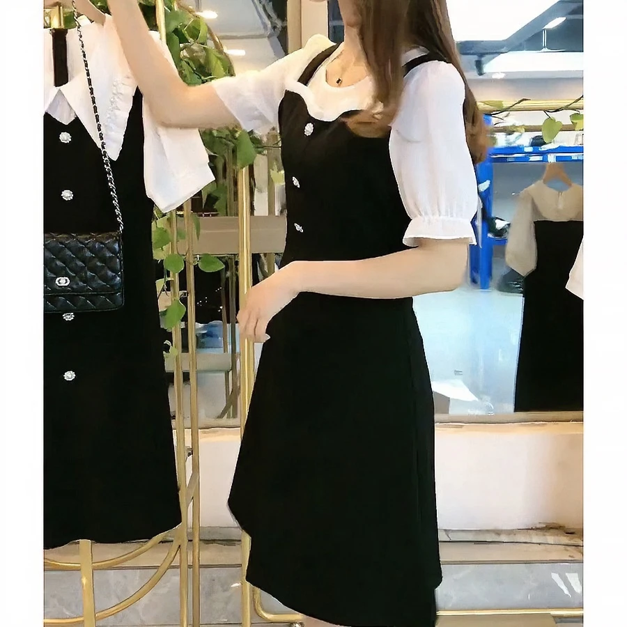 连衣裙女2025夏季雪纺拼接圆领假两件吊带气质收腰显瘦A字连衣裙