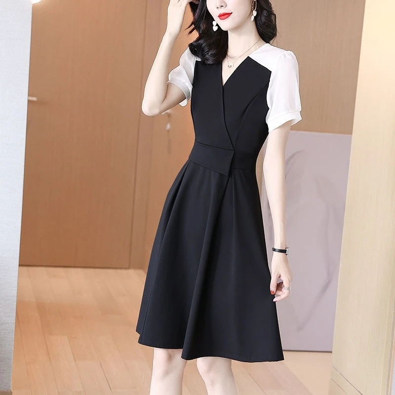 女士连衣裙2025年夏季新款气质时尚百搭通勤拼接V领中长款连衣裙