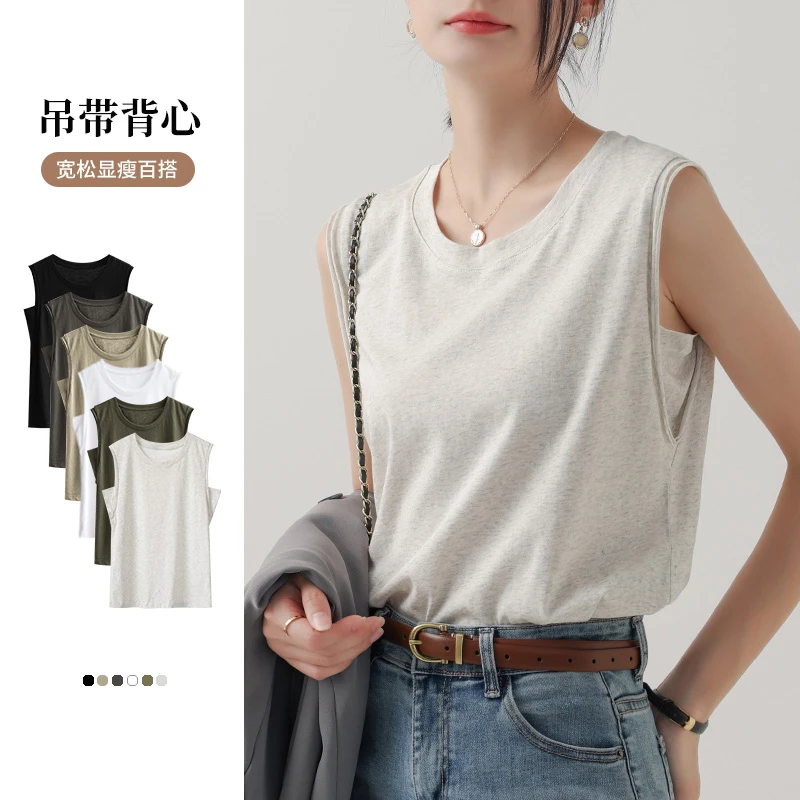 雪花棉宽松无袖t恤遮肉坎肩吊带背心上衣白色外穿打底背心女内搭