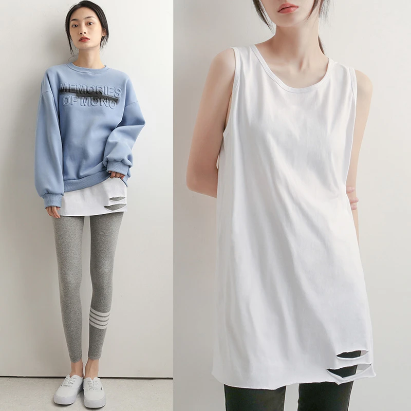 卫衣打底破洞背心女内搭中长款纯棉白色无袖打底衫女叠穿神器下摆