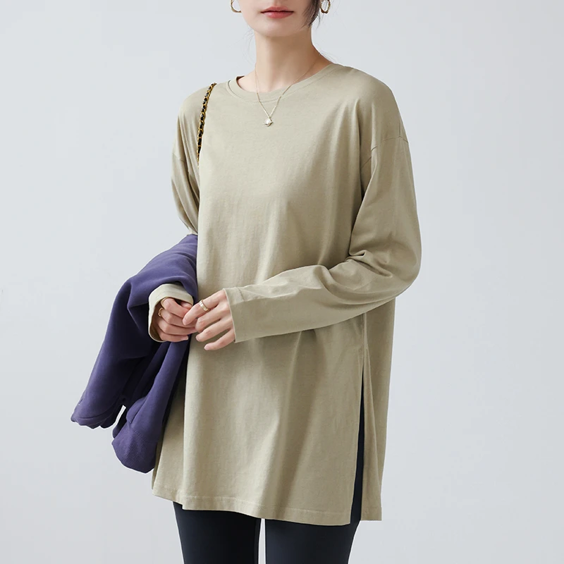 2025早秋中长款长袖t恤女打底衫春秋卫衣内搭叠穿开叉遮臀上衣