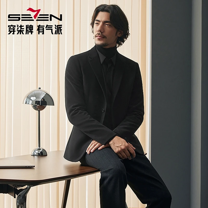 【灯芯绒】柒牌休闲西服秋冬结婚新郎面试单西西装外套商务男士黑色