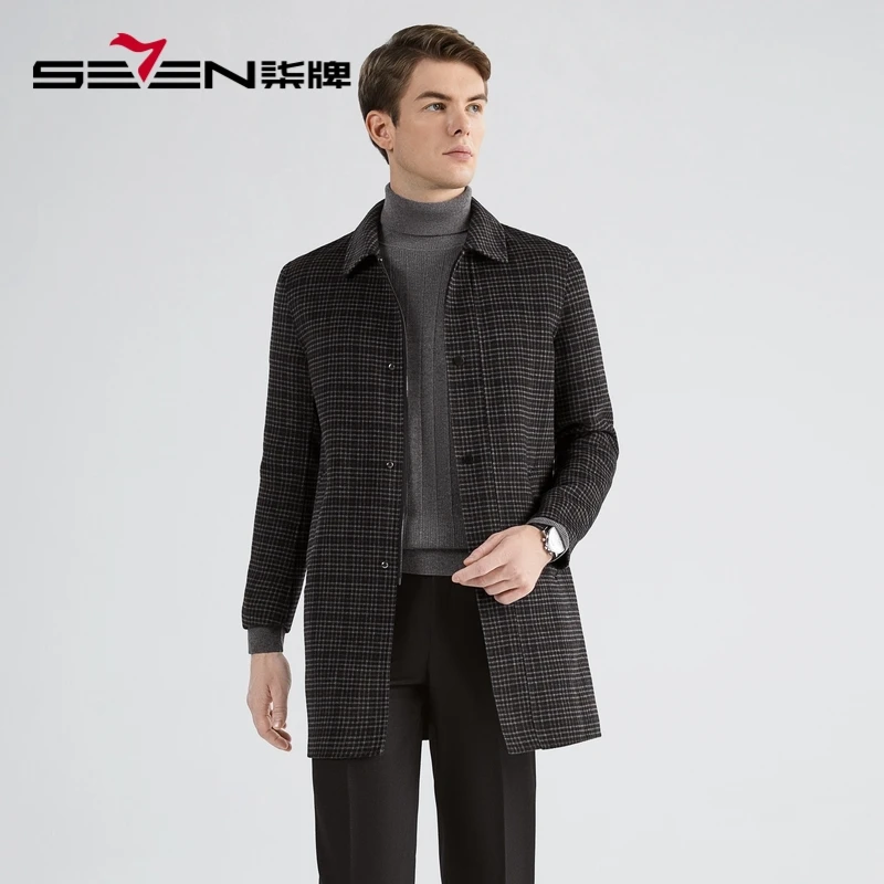 【含羊毛】柒牌毛呢大衣男商务休闲中长款翻领双面呢格123D70180