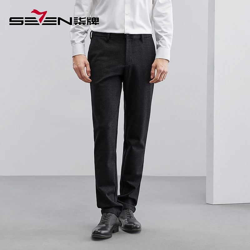 柒牌休闲裤男商务休闲格纹磨毛直筒裤男士针织长裤子125H70060