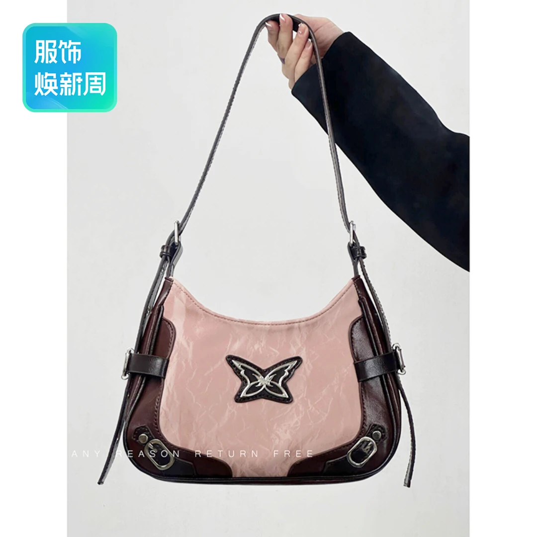 包包女2024新款美式复古蝴蝶撞色机车腋下包潮小众单肩斜挎法棍包