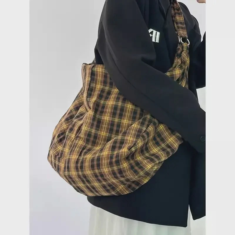 复古黄格子帆布托特包女2024新款大容量单肩斜挎双肩包慵懒风背包
