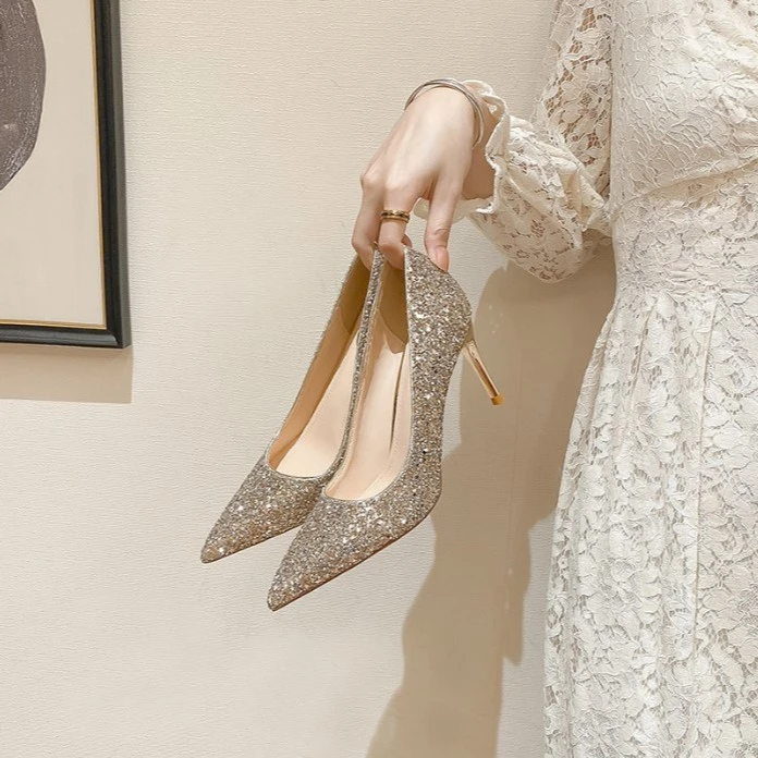 宴会鞋新娘鞋香槟色亮片婚纱两穿水晶鞋2022年新款伴娘细跟高跟鞋
