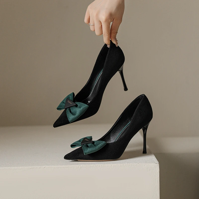 868-75尖头浅口时尚女高跟鞋2023秋季新款百搭蝴蝶结细跟单鞋女