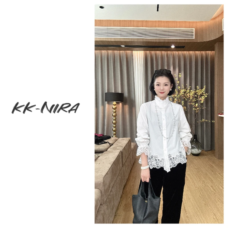 娜家严选 花边领蕾丝边长袖百搭衬衣