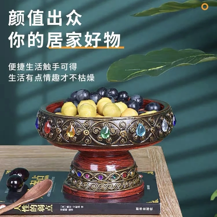 班塔外泰国进口手工制作东南亚风格实木木质琉璃高脚果盘收纳盘