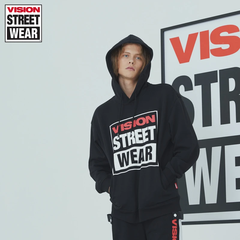 VISION街头复古连帽宽松boxlogo印花长袖男女同款运动休闲卫衣