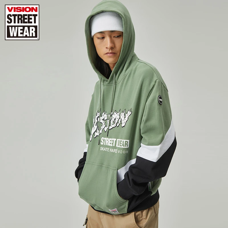 VISION  秋冬宽松版落肩撞色拼接连帽套头卫衣