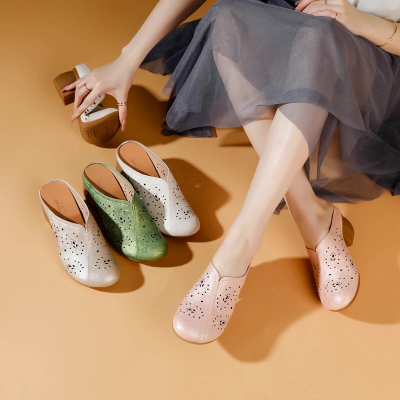 2025新款夏季真皮方根凉鞋中跟舒适软底妈妈鞋镂空复古女鞋