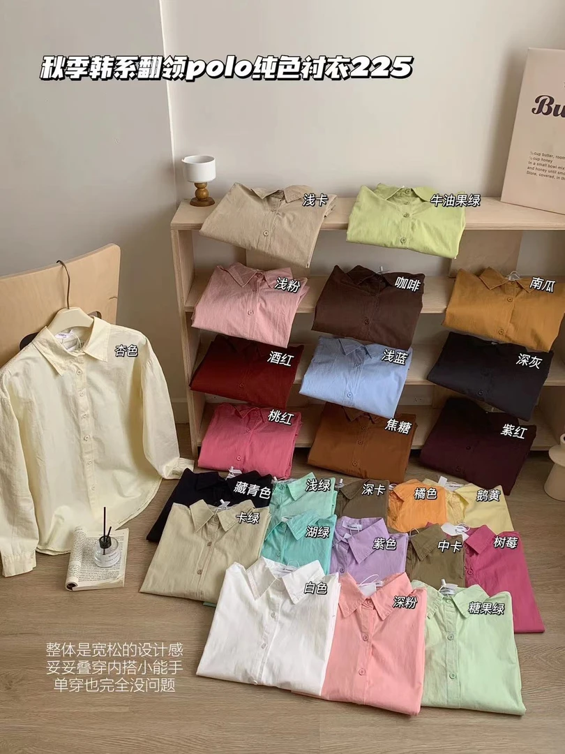 原版正版早秋纯色纯棉休闲气质洋气百宽松衬衫长袖蓝色白色