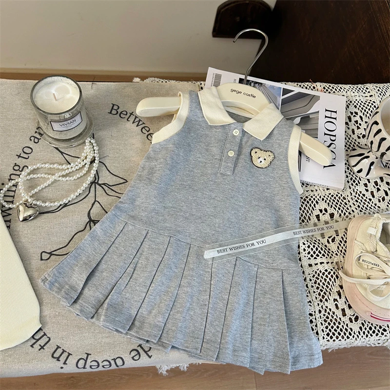 韩版童装2025新款夏季女童polo领连衣裙女宝宝学院风百褶公主裙子
